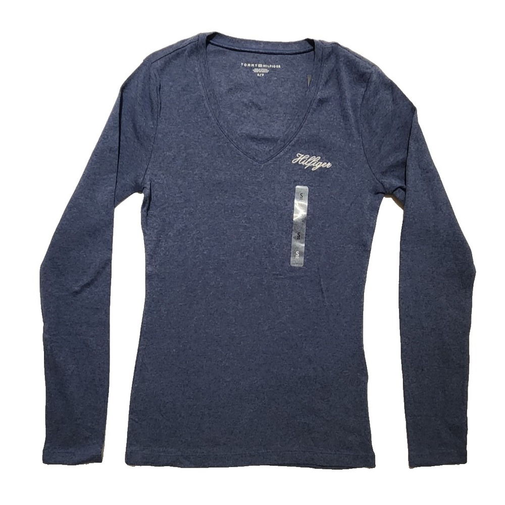 Tommy Hilfiger Women's T-shirt V-neck Long Sleeve Size Small Blue New - Picture 2 of 9